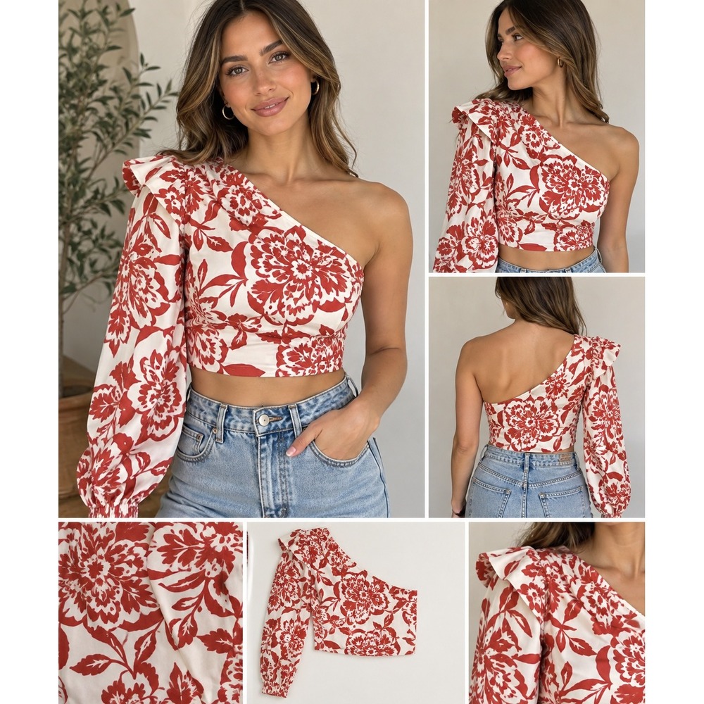 Zara Red Floral One Shoulder Ruffle Crop Top Small Cotton Asymmetrical Boho